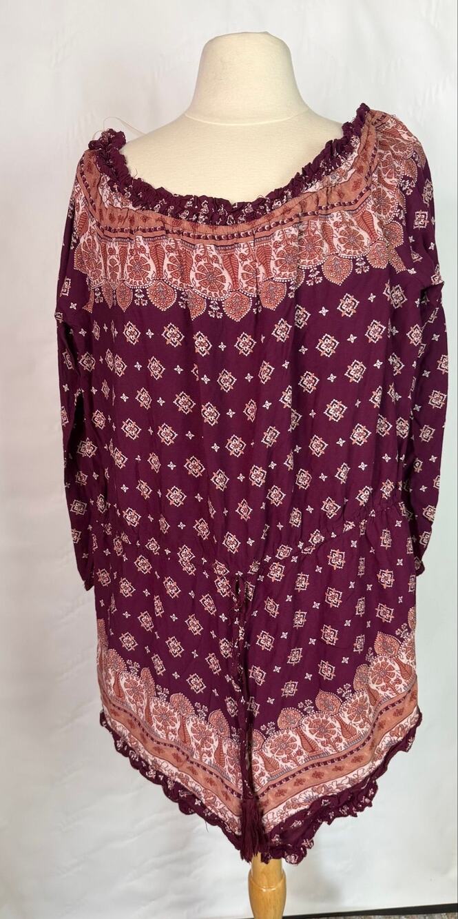 Burgundy And Pink Mauve Print Anthropoliogie Long Sleeve Print Shorts Romper